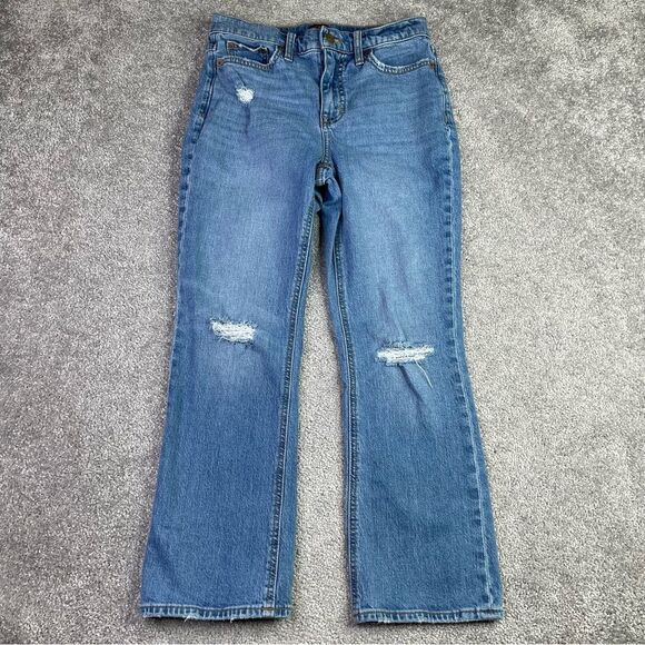 J. Crew Factory Jeans Women’s 26 Blue Flare Crop Mid-Rise Distressed Denim - Picture 1 of 12